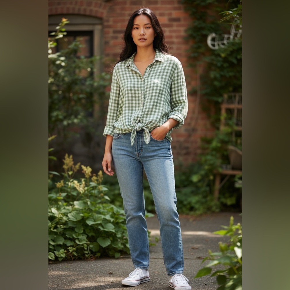 Beachlunchlounge green & white gingham button-down shirt with a tied front.